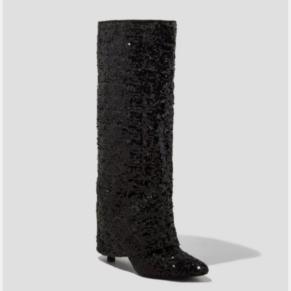 Women's Abba Sequin Foldover Heeled Boots - A New Day Black 7.5